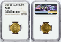 Netherlands 1 Ducat 1849 William III (1849-1890). Obverse: Standing knight divides date. Lettering: CONCORDIA RES PARVAE CRESCUNT. 18 49. Reverse: Ins...