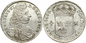 Sweden 4 Mark 1696 Charles XI (1660-1697). Obverse: Older bust of Karl XI facing right. Lettering: CAROLVS·XI D.G.REX·SVE. Reverse: Crowned shield wit...