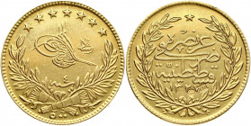 Turkey 500 Kurush 1327//4 (1909-1912) Muhammad V (1909-1918). Obverse: Toughra beneath stars and above regnal year; wreath; and value with 'Reshat' to...