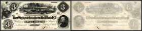 Continental-, Colonial Currency, State Issue, United States
Indiana. 3 $ Muncte 1854. Fort Wayne & Southern RailRoad Cc.
I