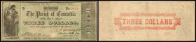 Continental-, Colonial Currency, State Issue, United States
Luisiana. 3 $, 15.4.1862, 2 hs, 1 gedruckt, Signaturen, D. bds.. Vidalia, Parish of Concor...