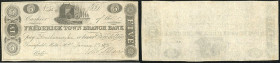 Continental-, Colonial Currency, State Issue, United States
Maryland. 5 $ 1838, 1 Signatur, schnittentwertet. Frederick Town Branch Bk, Greenfield Mil...