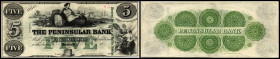 Continental-, Colonial Currency, State Issue, United States
Michigan. 5 $ 1860, 1 Signatur, remainder, “Secured by….””. Peninsular Bk, Detroit, - Haxb...