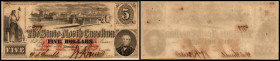 Continental-, Colonial Currency, State Issue, United States
North Carolina. 5 $ 1863, 2 Signaturen, Rs fleckig, P-S2369. State of / Civil War / Raleig...