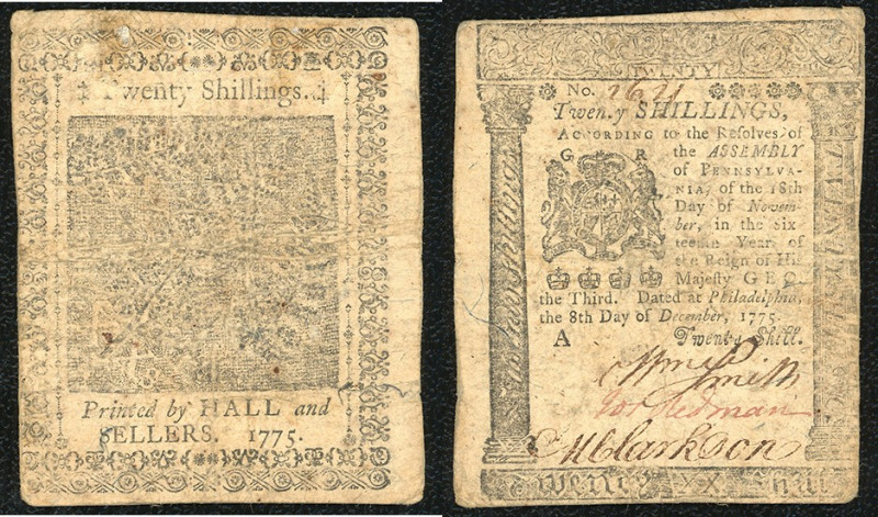 Continental-, Colonial Currency, State Issue, United States
Pennsylvania. 20 Sh ...