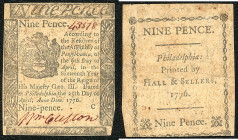 Continental-, Colonial Currency, State Issue, United States
Pennsylvania. 9 Pence 25.10.1763C, P-S2564. Colonial
III