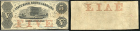Continental-, Colonial Currency, State Issue, United States
South Carolina. 5 $ 1855, 2 Signaturen. State Bk, S. Carolina, - Haxby 40 u.45
III