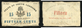 Continental-, Colonial Currency, State Issue, United States
South Carolina. 15 Cts. 10 $ 1863, 1857, 1,2 Signaturen, bl. Stpl.”1000”, 2 geklebte Stell...