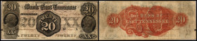 Continental-, Colonial Currency, State Issue, United States
Tennessee. 20 $ 1855, 2 Signaturen, Design 20B. Cattanoga Branch II
III
