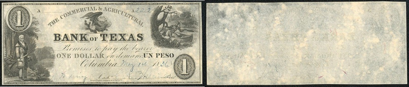 Continental-, Colonial Currency, State Issue, United States
Texas. 1$ 1836, Colu...