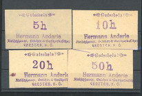 Gresten
Niederösterreich. Prv. H.Anderle, 5,10,20,50h, Rs FiStpl., 279c (mit 5h selten). I-