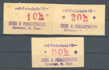 Gresten
Niederösterreich. Prv. Heiss & Pregratbauer, 10,20,50h, Rs FiStpl., 283(b) Rs leer. I