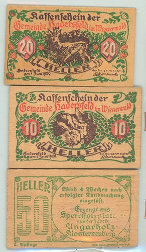 Hadersdorf, Gde auf Sperrholzplatten
Niederösterreich. 10.20.50h m. Df, Rs grün ...