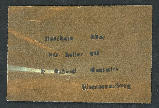 Klosterneuburg
Niederösterreich. Prv. F. Scheidl, 80h gold, Rs leer, 460c. I
