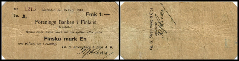 Notgeld nach Keller
Finland. Jakobstad – Ph. U. Strengberg, 1 Fmk 1918, Ke-87. I...
