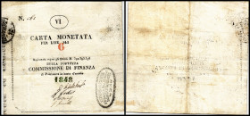 Belagerung Palmanova, Carta Moneta
Lombardei - Venetien. 6 Lire 1848, Text gedruckt, CM 85 mm, Buchstaben Typen breit, Richter-B50/b1. III