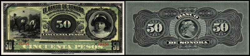 Banco de Sonora
Mexiko. 50 Pesos ND (unissued remainder) Serie DQ + K, P-S422r. ...