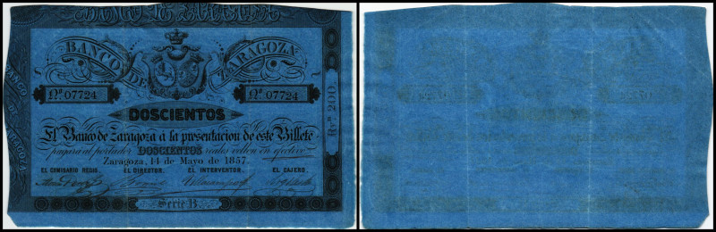 Banco de Zaragoza
Specialized Issues. 200 Reales de Vellón 14.5.1857, P-S452a. I...