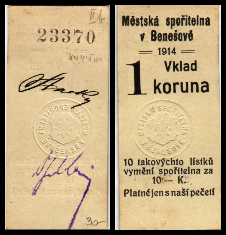 Benesov, Böhmen, Städt. Sparkasse. 1 Krone 1914, Richter-4/IIa. I-