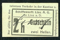Austriawerft / Schiffswerft A.G., Kantine / Lebensmittelabgabe
Linz, a.d.Donau, Ob.Österreich. 10,20,2x1,2(III)h 1916/17, Vs/Rs wurden auf Karton gekl...