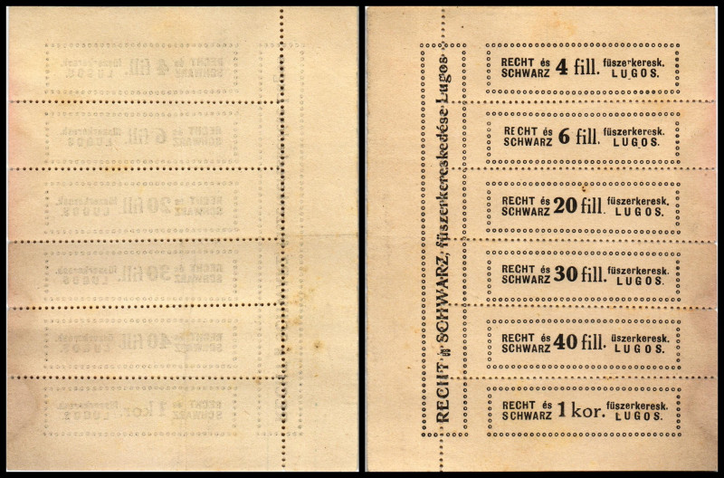 Lugos, Ungarn, Recht es Schwarz, Materialwarenhandlung. 4,6,20,30,40 filler, 1 K...