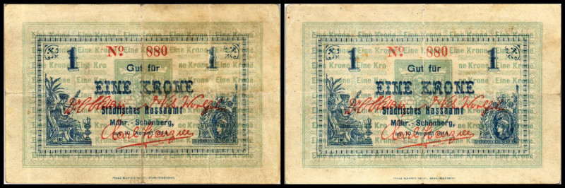 Mährisch Schönberg, Mähren, Städt.Kassenamt. 10h, 2x1Krone 1914, Richter-88a,bl,...