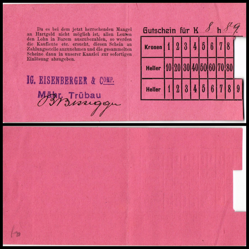Ig. Eisenberger & Comp.
Mährisch Trübau, Mähren, Stadt. 8 Kronen, 89 h ausgeschn...