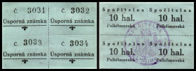 Pelhrimov, (Pilgram) Böhmen, Sparkasse. 3x1 Krone, 4x10h im Block, 1915, (1 K Varianten, entwertet), Richter-120/I,II. I/IIII