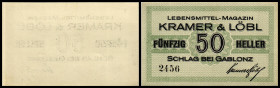 Kramer & Löbl, Lebensmittel-Magazin
Schlag bei Gablonz, Böhmen. 10,20,50 Heller, Vs. KN und Signatur gedruckt, Rs. leer, Richter-130a-c. I/I-