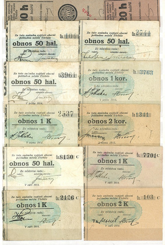 Trebic, Mähren, Stadt. 22 Stück, 10h bis 5 Kronen 1914, Richter-150/I,II,III. I/...