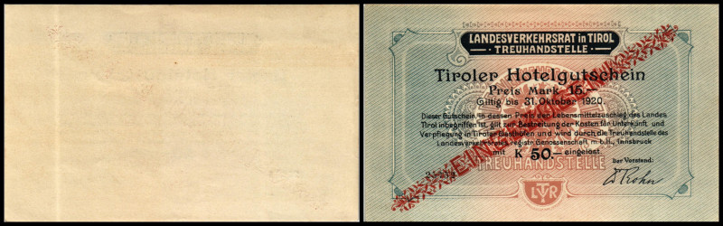 Tirol, Stadt-Landesverkehrsrat (Hotelgutscheine). 50 K = 15 Mk wie vor, mit rote...