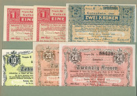 Aussig, Böhmen, Stad. 6 Stück, 2x1,2,,10, 2x 20 Kronen, o.D.- 31.1.1919, Ser./KN je 2 Var., Richter-34a-d. I