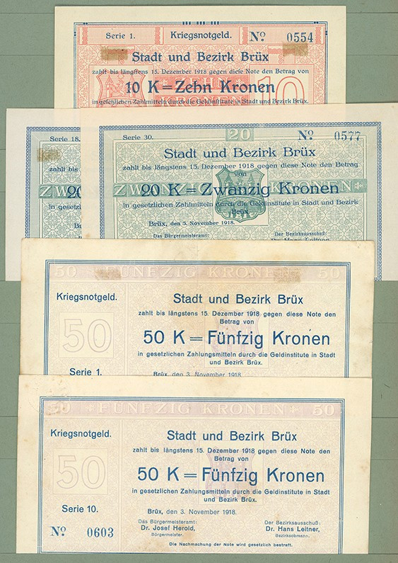 Brüx, Böhmen, Stadt und Bezirk. 8 Stück, 10, 2x20. 2x50, 3x100 Kronen (7 mit ver...