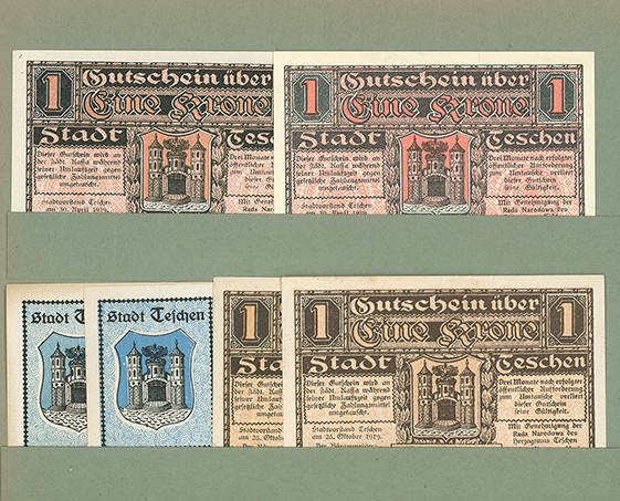 Teschen, Schlesien, Stadt. 6 Stück, 2x 50h, 4x 1Krone, 1919, KN Var. (1K KN 6st....