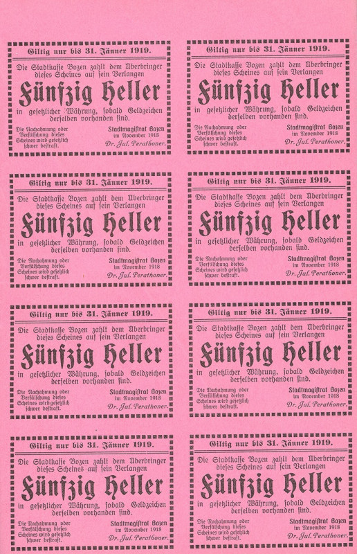 Bozen, Südtirol, Stadt. Originalbogen 16 Stück, Nov. 1918 bis 31.1.1919, zu Rich...