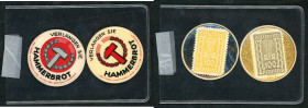 Briefmarkenkapselgeld. Hammerbrot Wien, 100, 500 Kronen, Zelluloid, Rs Udr. gold/färbig, Ri-153. I