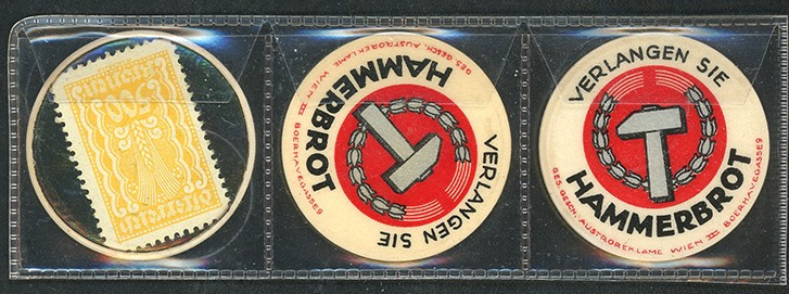 Briefmarkenkapselgeld. Hammerbrod Wien, 3x 500 Kronen, Zelluloid, Rs Udr. gold.,...