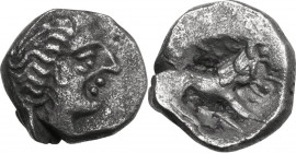 Celtic World. Cisalpine Gaul, Ligures. AR Tetrobol, 2nd century BC. Imitating Massalia. Obv. Female head right. Rev. Stylized lion right, with protrud...