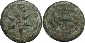 Greek Italy. Etruria, uncertain mint. AE Uncia. Circa 3rd century BC. Obv. Wheel of six spokes, pellet within. Rev. Bipennis; Etruscan letter U to rig...