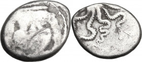Greek Italy. Etruria, Populonia. AR 20-Asses, 3rd century BC. Obv. Facing head of Metus, tongue protruding, hair bound with diadem; [below, X X]. Rev....