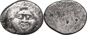 Greek Italy. Etruria, Populonia. AR 20-Asses, 3rd century BC. Obv. Facing head of Metus, hair bound with diadem; below, XX. Rev. Blank. Vecchi EC 47; ...