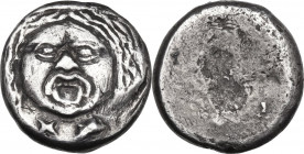 Greek Italy. Etruria, Populonia. AR 20-Asses, 3rd century BC. Obv. Facing head of Metus, tongue protruding, hair bound with diadem; below, X X. Rev. B...