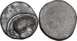 Greek Italy. Etruria, Populonia. AR 2.5-Asses, 3rd century BC. Obv. Male head right; behind, UII. Linear border. Rev. Blank. Vecchi EC 95; HN Italy 17...