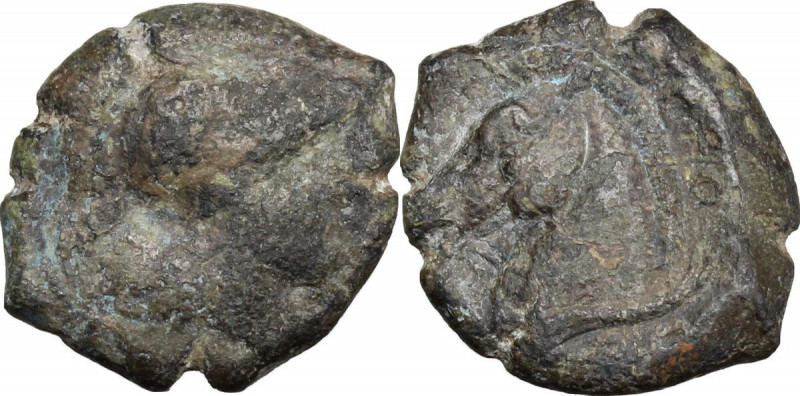 Greek Italy. Etruria, Cosa. AE 19 mm. (Quartuncia), 273-c. 250 BC. Obv. Helmeted...