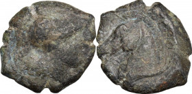 Greek Italy. Etruria, Cosa. AE 19 mm. (Quartuncia), 273-c. 250 BC. Obv. Helmeted, bearded head of Mars right. Rev. Head of bridled horse left on dolph...
