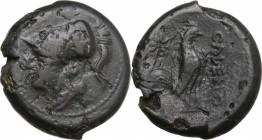 Greek Italy. Samnium, Southern Latium and Northern Campania, Cales. AE 20 mm, c. 265-240 BC. Obv. Helmeted head of Athena left. Rev. Cock standing rig...