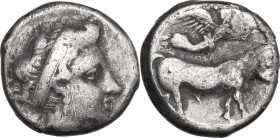 Greek Italy. Central and Southern Campania, Neapolis. AR Nomos, c. 350-325 BC. Obv. Head of nymph right, wearing broad headband, triple-pendant earrin...