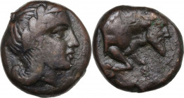 Greek Italy. Central and Southern Campania, Neapolis. AE 19 mm. c. 325-320 BC. Obv. Laureate head of Apollo right. Rev. ΝΕΟΠΟΛΙΤΗΣ. Forepart of man-he...