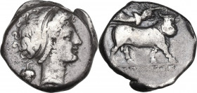 Greek Italy. Central and Southern Campania, Neapolis. AR Nomos, c. 320-300 BC. Obv. Head of female right; grape bunch behind neck, [ΔIOΦANOYΣ below]. ...