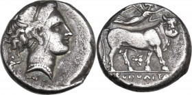 Greek Italy. Central and Southern Campania, Neapolis. AR Nomos, c. 300-275 BC. Obv. Diademed head of nymph right; behind, Artemis holding torch; below...